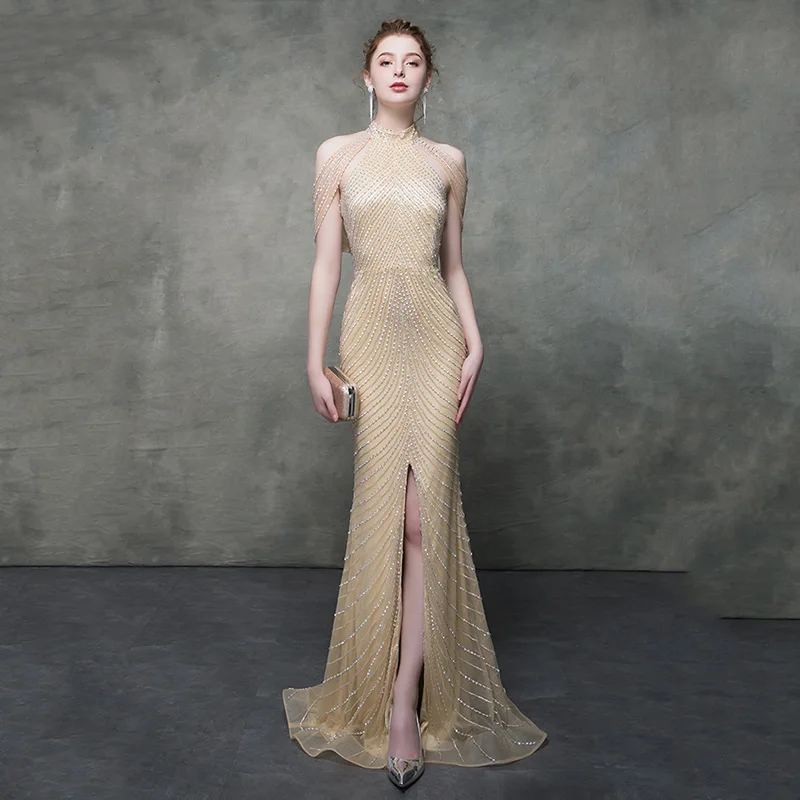 

Bling Rhinestone Mermaid Cheeongsam Sexy Lady Qipao Evening Party Gown Backless Trailing Prom Dress Exquisite Robe De Soiree