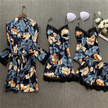 

Women 4PCS Nighty&Robe Suit Print Flower Satin Kimono Bathrobe Gown Sleepwear Lace Sexy Nightgown Intimate Lingerie Homewear