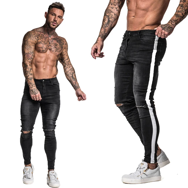 GINGTTO Jeans Men Elastic Waist Skinny Jeans Men 2020 Stretch Ripped Pants Streetwear Mens Denim Jeans Blue black zm42