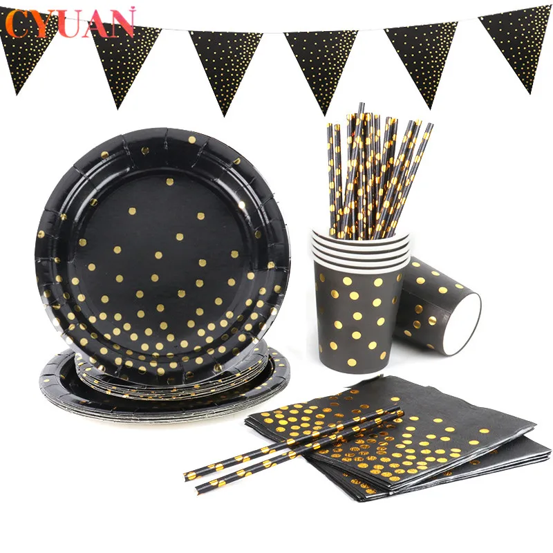 

Black Gold Disposable Party Tableware Paper Straw Plates Cup Napkin 30th Birthday Party Decorations Adult Anniversaire Hen Party