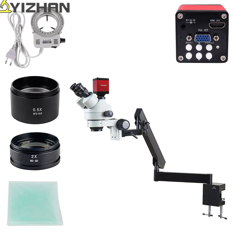 

Articulating Arm Zoom trinocular Stereo Microscope 13MP HDMI VGA Digital Camera for microscope 2.0X 0.5X Objective Len LED Light