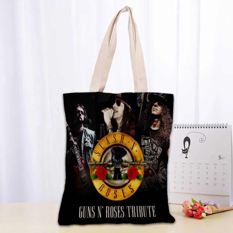 Custom Guns N Roses Tote Bag Women Canvas Fabric Bags Eco Reusable Shopping Bags Traveling Beach Casual Useful Shoulder Bag