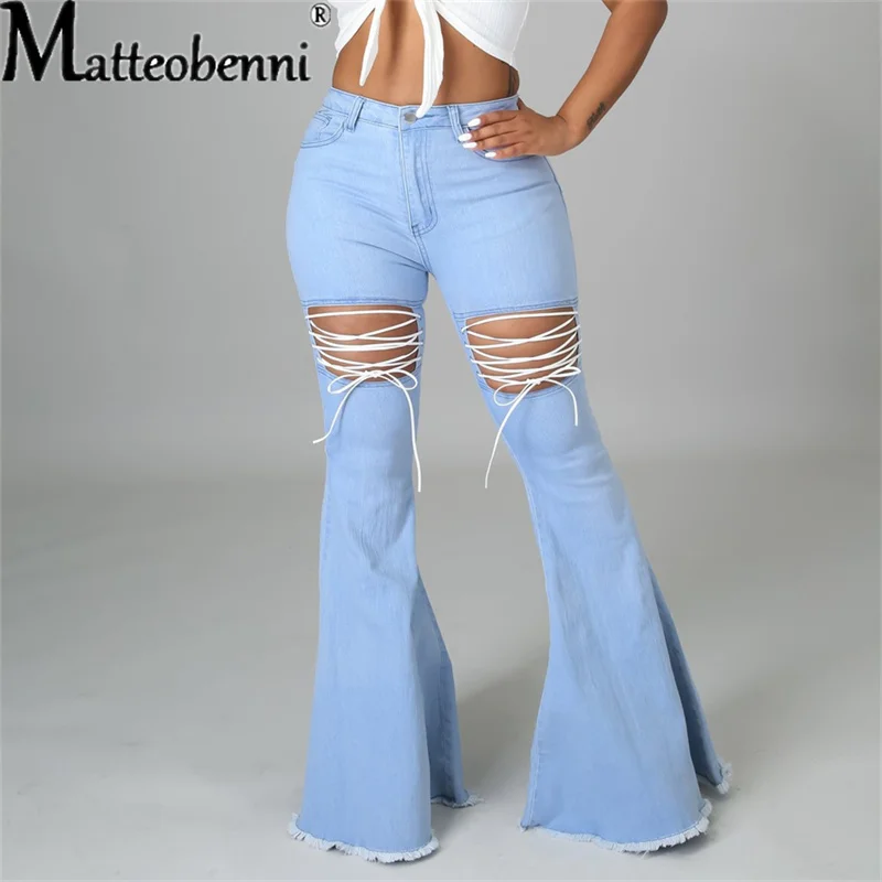 Fashion Ripped Bandage High Rise Flare Pants Outfits For Women