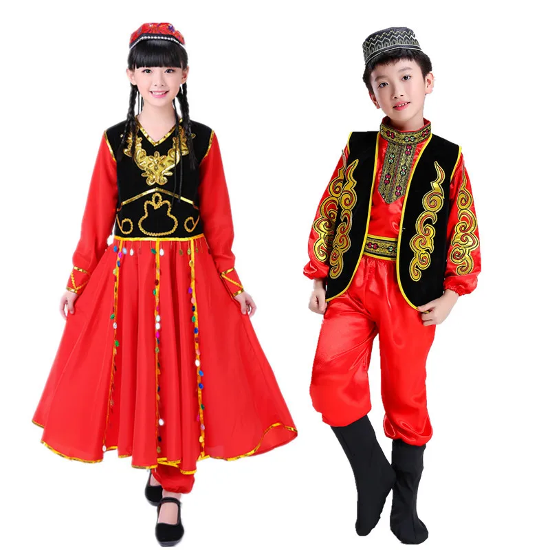 Костюмы для народных танцев в китайском стиле, одежда Xingjiang, одежда для выступлений в национальном стиле, платье для мальчиков и девочек, костюмы для китайских танцев