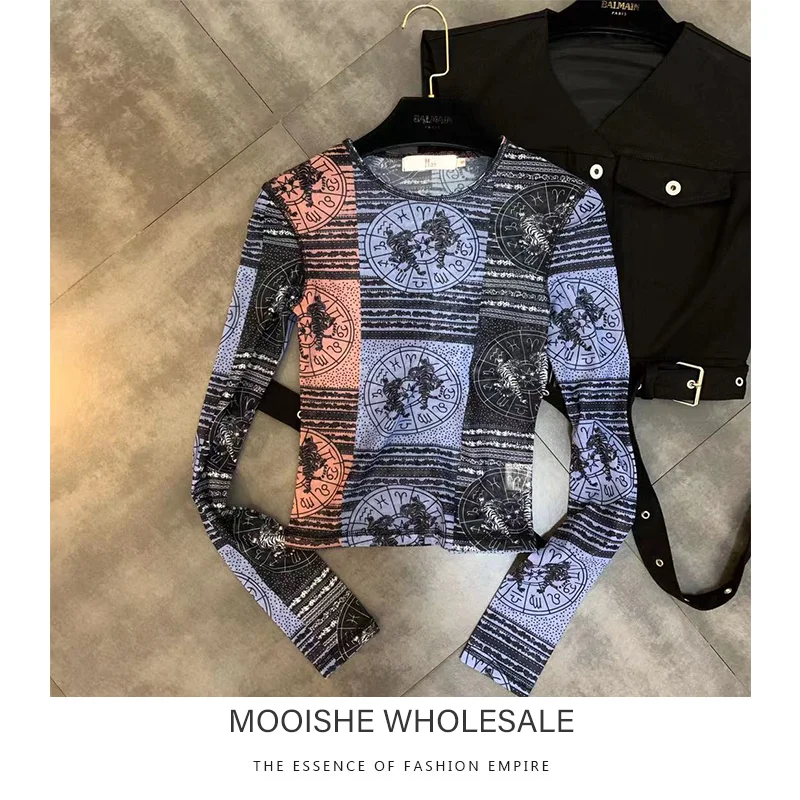 

2019 Autumn New Round Neck Long Sleeve Color Matching Retro Pattern Mesh Perspective Bottoming Shirt