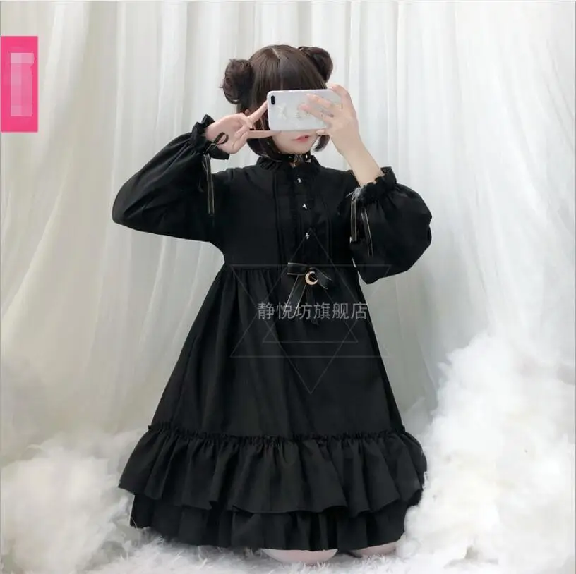 Vintage Gothic Long Sleeve Black Japanese Lolita Dress Court Kawaii Girl Lolita Cos Loli Tea Party Student Dress