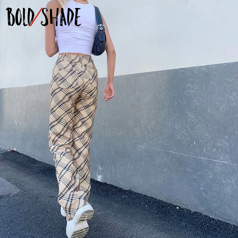 Bold Shade 90s Streetwear Fashion Women Pants High Waist Striped Khaki Trousers Y2K Autumn Winter Vintage Indie Style Pants 2020