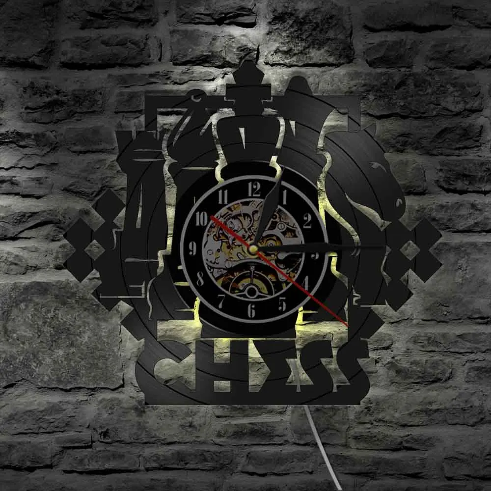 Chess Game Wall Art Wall Clock Chessboard Black Pieces Strategy Player Club Chess Master Vinyl Record Clock Chess Lovers Gift