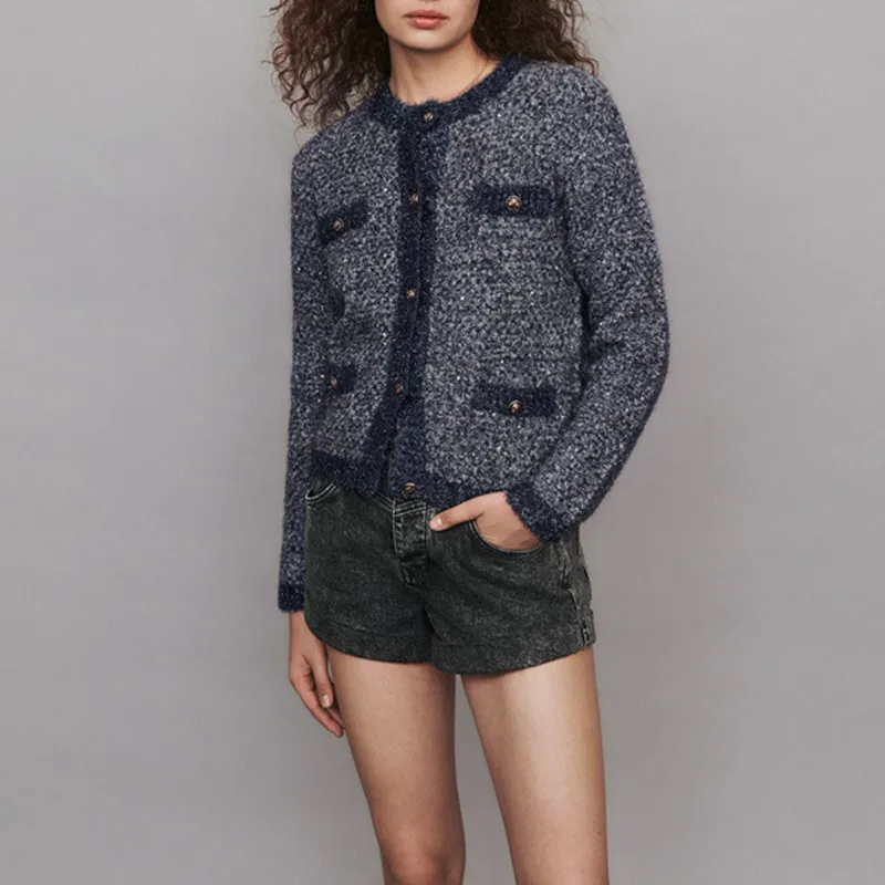 

Luxury Brand Designer Knitted Sweater for Women Vintage O Neck Contrast Color Bright Silk Long Sleeve Knitted Sweater Cardigan