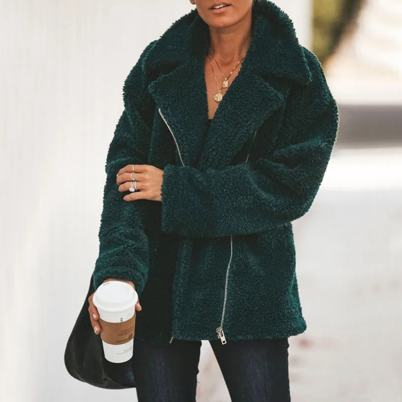 

2019 Plus Size Women Autumn Winter Coat Lapel Pocket Zipper Long Sleeves Warm Solid Color Woolen Outwear Jacket