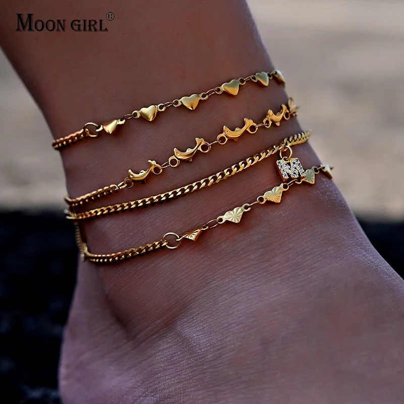 Tobilleras de cadena de acero inoxidable chapadas en oro para mujer, pulsera descalza de playa con letras de delfín y corazón, joyería Bohemia pies| Tobilleras| -