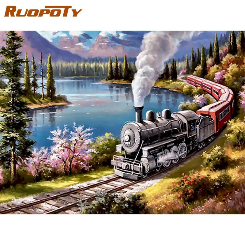 

RUOPOTY Frame Train Painting By Numbers Landscape Oil Paint By Numbers Handpainted For Home Decors Unique Gift 40Ã—50cm