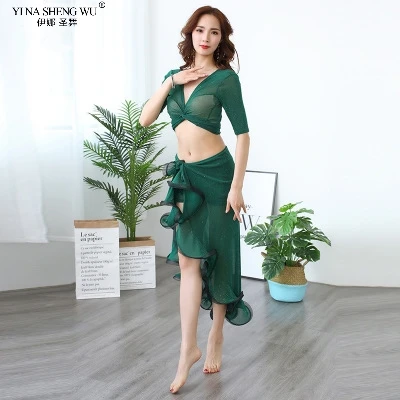 A-Green 3pcs Набор костюма для танца живота Сексуальная Серебряная Сетка Прозрачная женская тренировочная Одежда для танцев Одежда для восточных танцев длинная юбка - Цвет: A-Green 3pcs