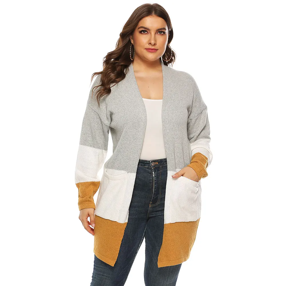 

2019 Spring Autumn Cardigan Pockets Contrast Color Striped Sweater Women Long Sleeve Plus Size Knitted Cardigans Casaco Feminino