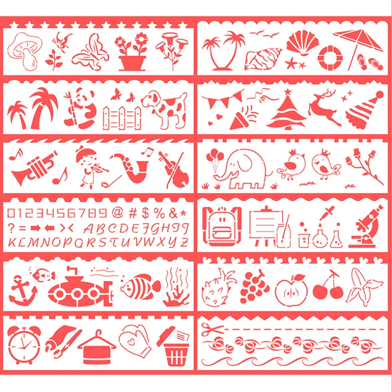 12pc Stencils Coloring Embossing Painting Template DIY Scrapbooking Diary Stamp Album Decoration Drawing Lace Ruler Reusable the underwater world transparent clear silicone stamp seal scrapbooking photo album decoration rubber stamp painting template