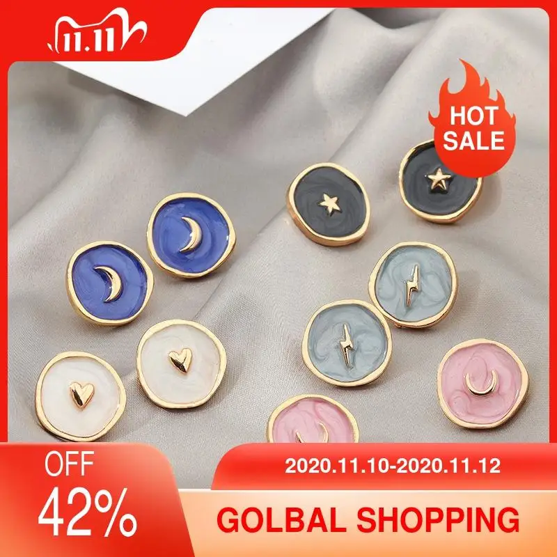 

Korean Alloy Cute Drop Oil Love Moon Star Lightning Stud Earring For Women Round Enamel Earrings Fine Ear Cuff Set Jewelry Rings