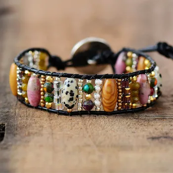 New Women Boho Bracelets Mixed Semi Precious Stone Beaded Single Leather Wrap Cuff Bangles Dropship