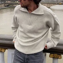 Autumn New 2021 Casual Knitting Sweater Solid Color Loose Simplicity Fashion Lapel Long Sleeve Zipper Pullover Mens Knitwear