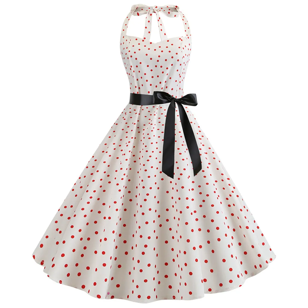 4 # las mujeres Cinturón estampado de lunares vestidos 1950s Retro sin mangas Halter fiesta vestido vestidos Платье Винтаж