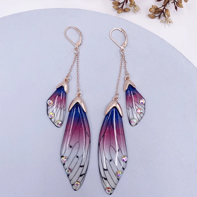 Fairy Resin Butterfly Earrings for Women Shining Crystal Flake Double Wing Long Drop Earrings Ladies Wedding Party Jewelry 2020 RoseGold-Purple