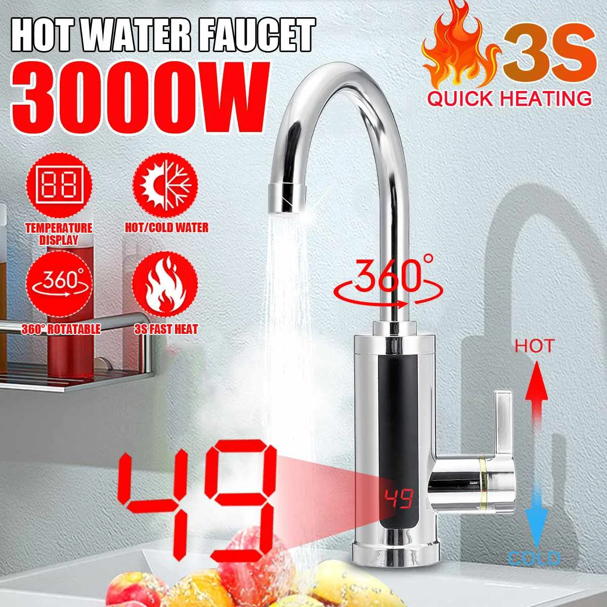 3000w 220v Electric Kitchen Water Heater Tap Instant Hot Water Faucet Heater  Cold Heating Faucet Tankless Water Heater With Led - Electric Water Heaters  - AliExpress