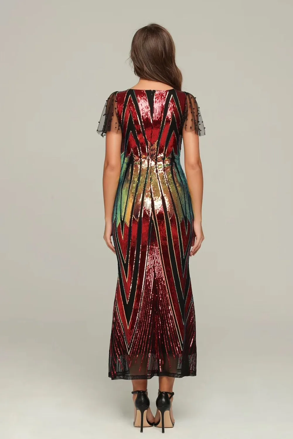 high quality Women Red Sequined Vestidos New V-Neck short sleeve Celebrity evening party bodycon bandage dresses