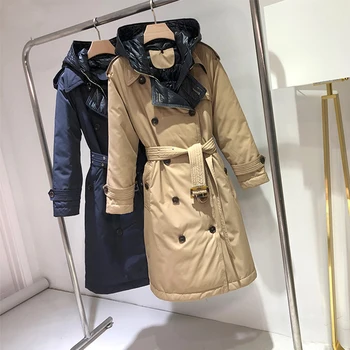 

LY VAREY LIN Winter Women Hooded Long Down Parka 90% White Duck Down Coat with Belt Windbreaker Snow Warm Outwear