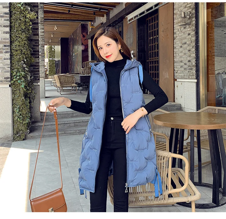 Однотонная вышивка зимний жилет с капюшоном пальто Женская Корейская утепленная теплая куртка без рукавов Женский Плюс Размер Длинный жилет верхняя одежда