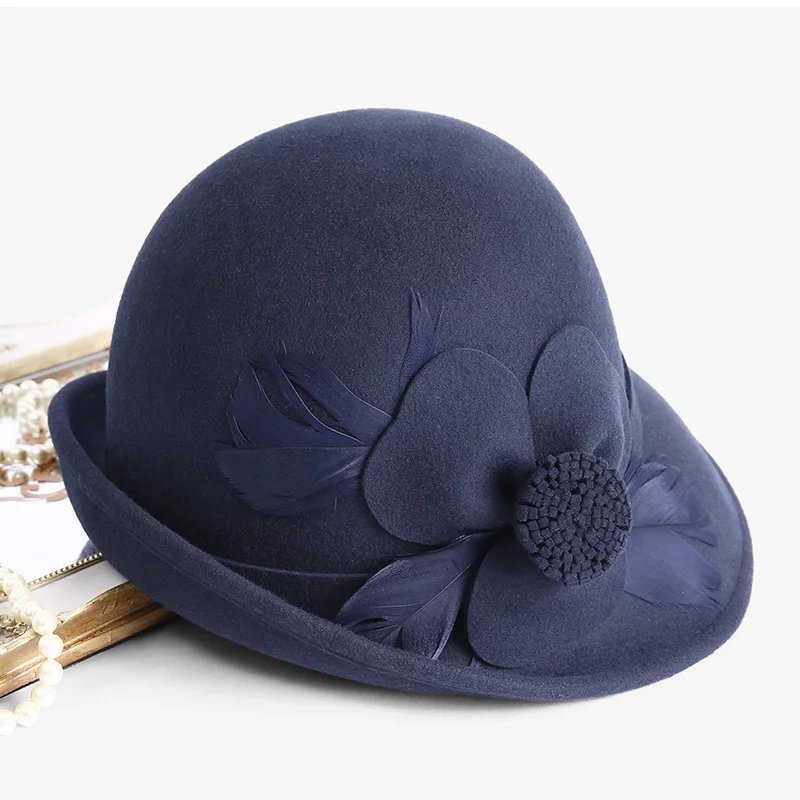 Hepburn Style Australia Wool Hat Woman Flower Cloche Cap Lady Felt Fedora