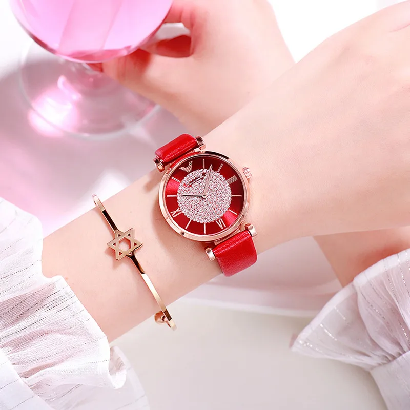leather red Женские часы,, Роскошные, с бриллиантами, розовое золото, женские наручные часы, магнитный женский браслет, часы для женщин, часы, Relogio Feminino - Цвет: leather red
