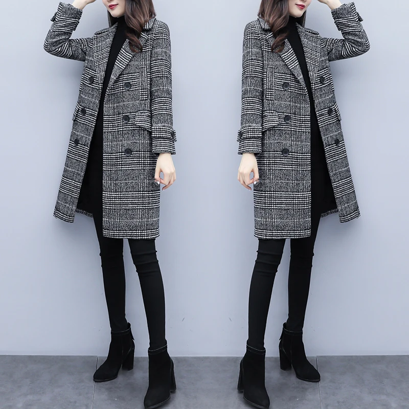 MinuoYi Новое плотное шерстяное пальто средней длины с длинным рукавом и отложным воротником женское черно-белое пальто с карманами в клетку Лидер продаж