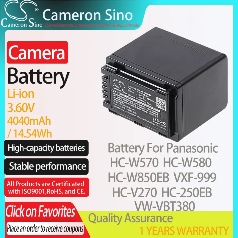 14.54Wh Replacement Battery for Panasonic HC-V520MGK Cameron Sino 4040mAh