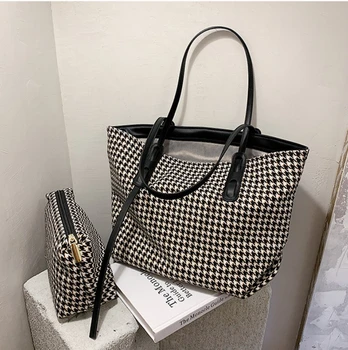 

Women Tote Bag 2020 Winter Houdstooth Shoulder Bags Canvas Sac Black White Buffalo Plaid Handbag For Work Laptop Bolsos Vintage
