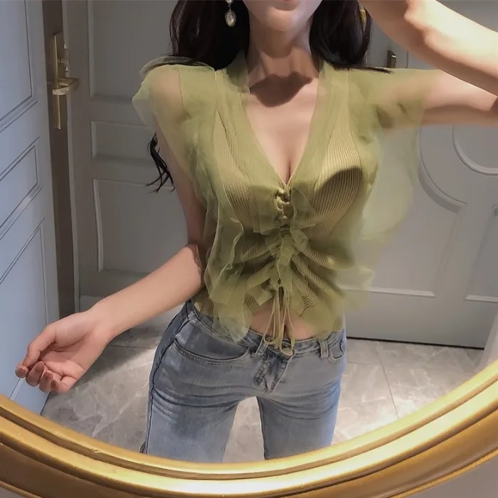 

Women V-Neck Knitted Sleeveless Patchwork Mesh Sweaters Knit Sweet Stretchy Thin Tank Top for Female G781