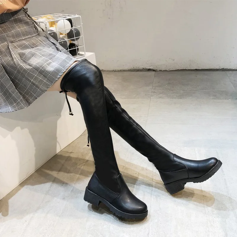 Autumn Women Over The Knee Boots Female Round Toe Platform Casual Footwear Ladies Square Heel Shoes Lace Up Thigh High Boot