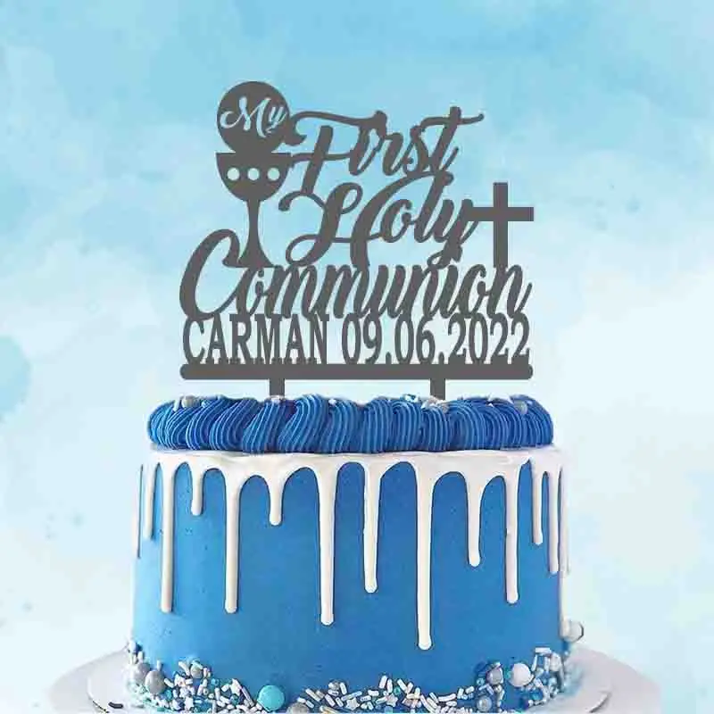 First Communion Cake- white gold & blue Religious Cake – Pao's cakes