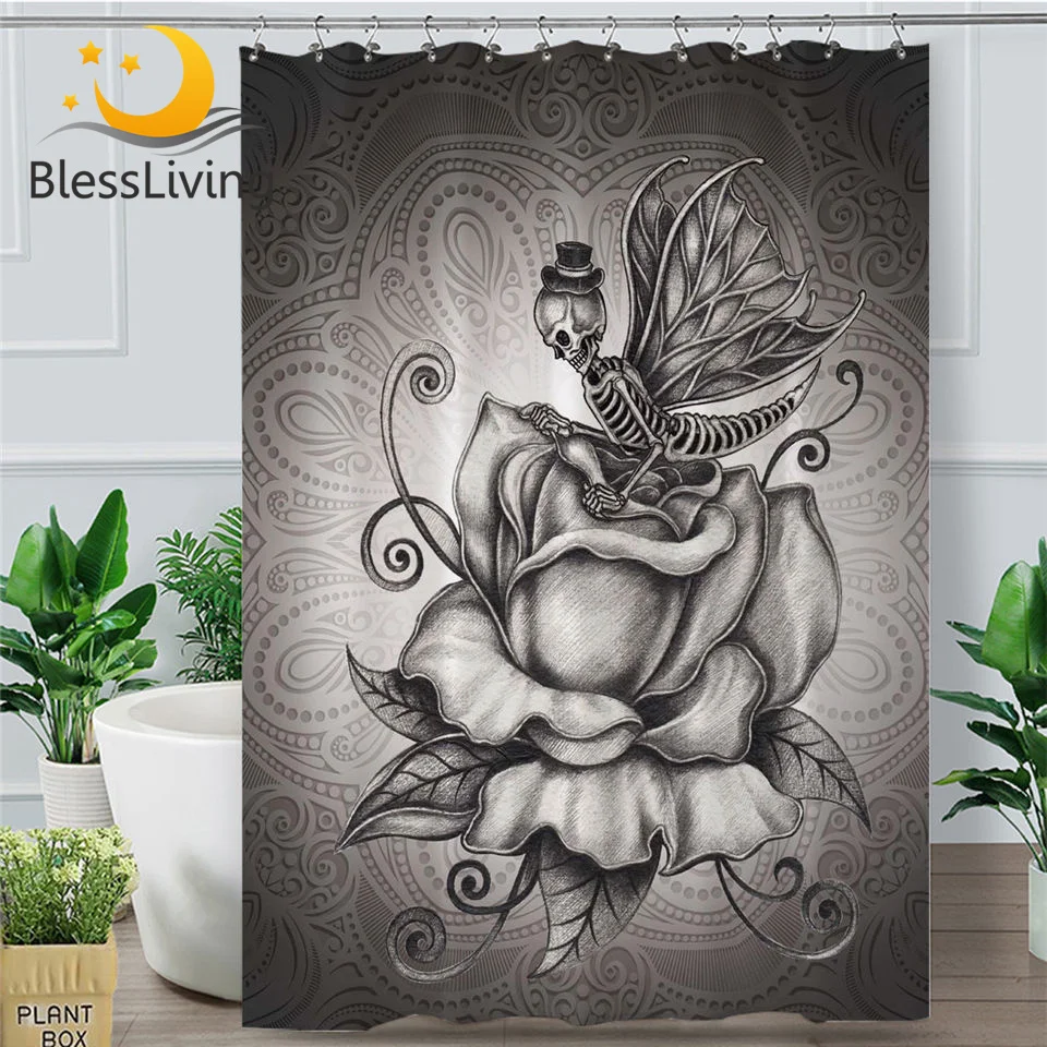 

BlessLiving Skull Shower Curtain Butterfly Gothic Waterproof Bathroom Curtain Retro Rose Home Decor 180x180cm Grey tenda doccia