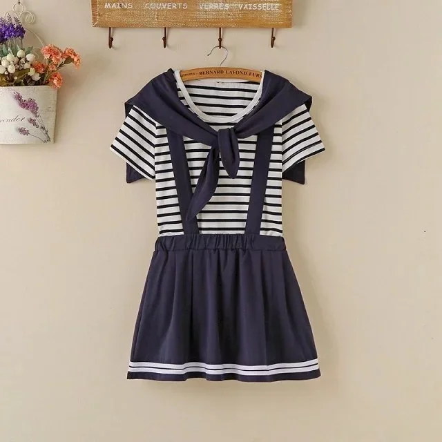 

S6096 Summer Wear New Style Stripes Large Doubled Crew Neck Navy Style Short Sleeve T-shirt Culottes Sailor Suit College Set Stu