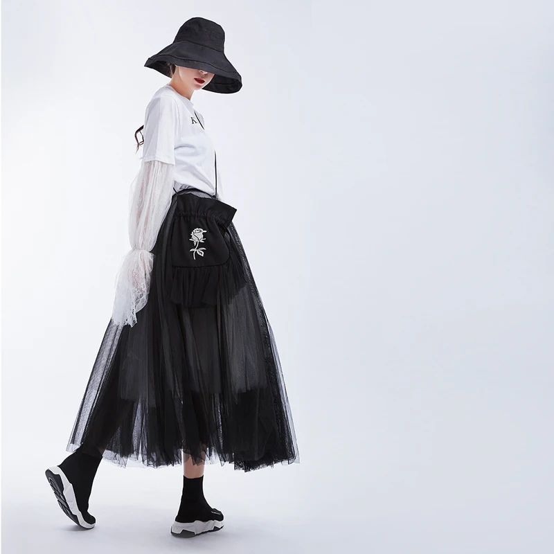 Korean version of high waist lace skirt, women's fashion casual black and white mesh skirt tutu
