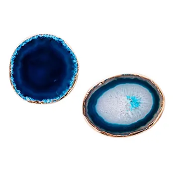 

2Pcs Agate Slice Blue Agate Coaster Teacup Tray Decorative Design Stone Coaster Gold Edges Home Decor Gemstone Coaster