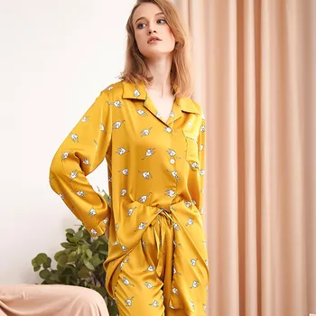 

Yellow Printed Cartoon Pajamas Set Women Satin 2PCS Sleepwear Cute Shirt&Pant Female Long Sleeve Sleep Set Casual Home Wear