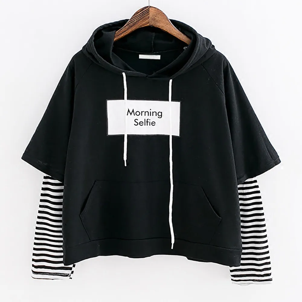  Morning Selfie Women Stitching stripe Sweatshirt Hooded Long Sleeve Crop Pullover Tops M0822