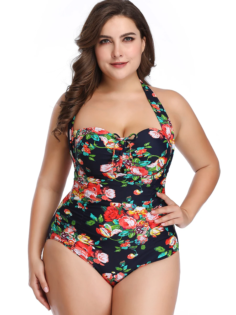 

Women Floral Padded Halter Neck One Piece Swimwear Bikini Bathing Suit Plus Size
