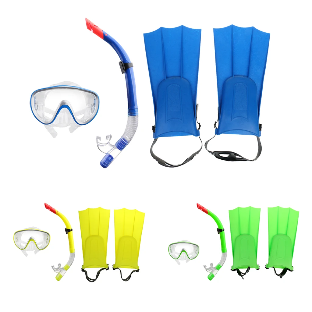 Silicone Mask Snorkel Fin Flippers Tempered Glass Lens Goggles Dive Gear Set
