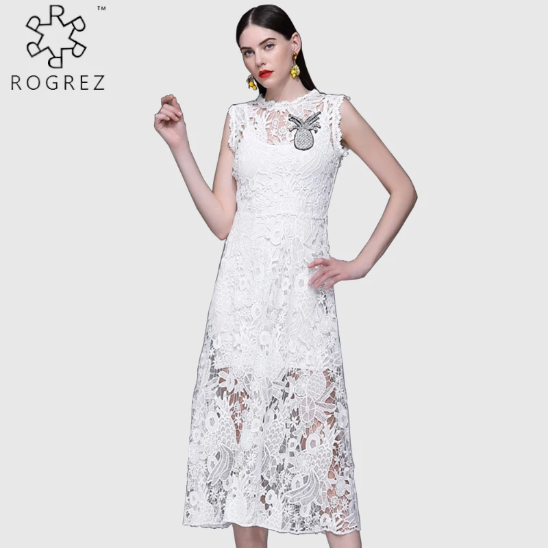 

ROGREZ 2Pcs Set White Elegant Party Dinner Office Formal Bead Rivet O Neck Sleeveless Lace Dress Women Long Dress