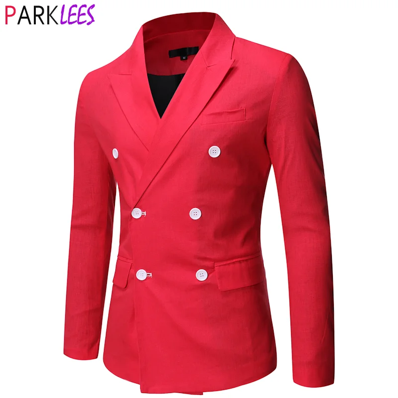 Blazers Men Jacket Wedding Double-Breasted Groom Slim-Fit Notched Mens Red Brand Casual