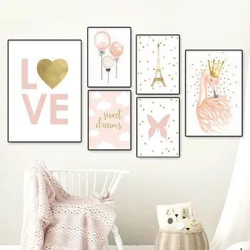 

Nordic Style Cartoon Nursery Wall Art Picture Print Pink Balloon Queen Swan Poster Baby Girl Kids Bedroom Decoration Picture