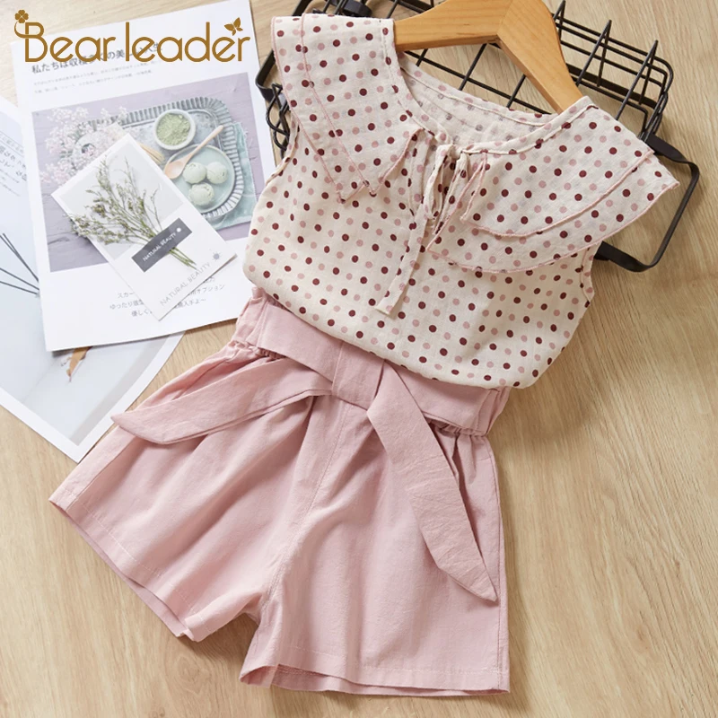 Блузка и шорты для девочек Bear Leader, комплект летней детской одежды, шифоновая блузка на бретельках с вышивкой и шорты, шляпка