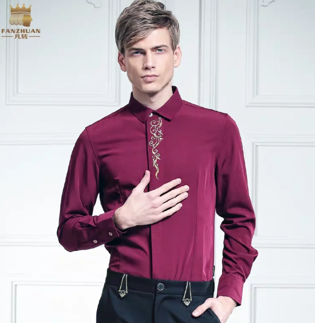 style A wine red Новая Мужская модная повседневная Осенняя Корейская тонкая рубашка с вышитыми цветами 512013 - Цвет: style A wine red