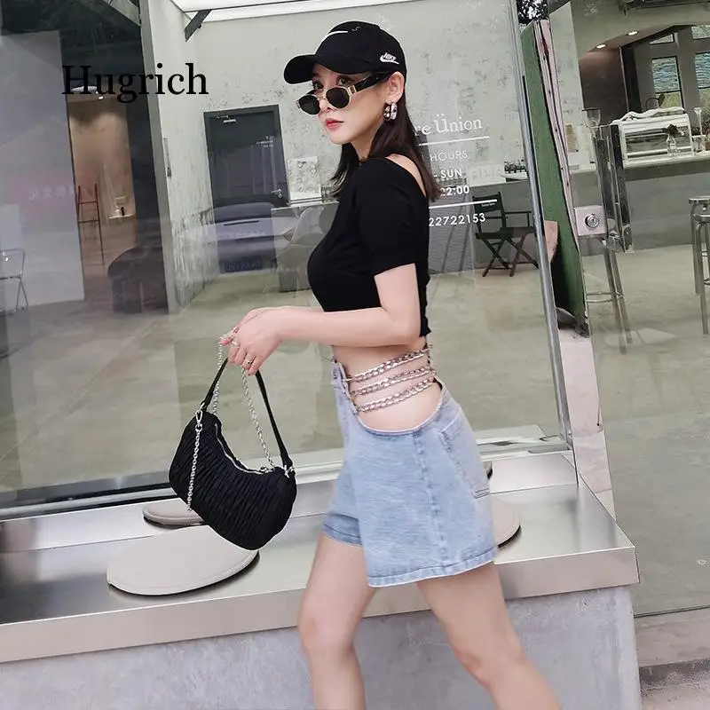 Women Shorts Sexy Denim Shorts Chain Hollow Out High Waisted Summer Jeans Shorts 2021 Fashion New Arrival Blue